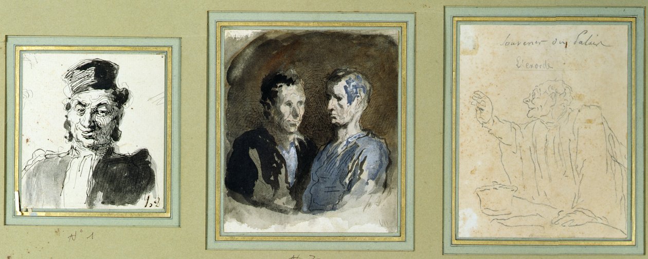 Forfra af en advokat, to tiltalte og en retssagsførende (blyant, vask, wc og blæk på papir) af Honoré Daumier