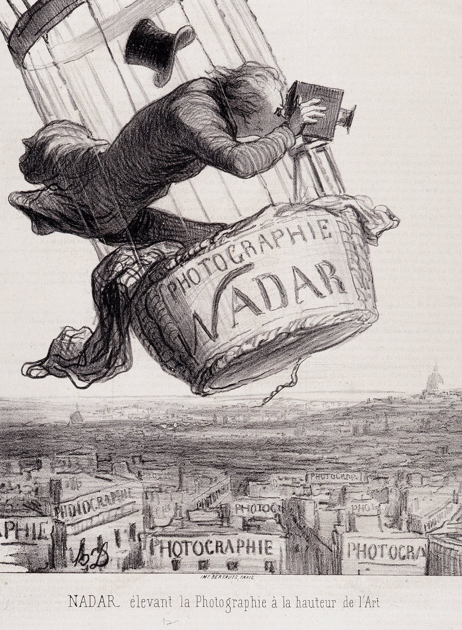 Gaspard Felix Tournachon dit Felix Nadar (1820-1910) løfter fotografiet til kunstens højdepunkt. Litografi baseret på tegning på papir. Mål: 29x41 cm. af Honoré Daumier
