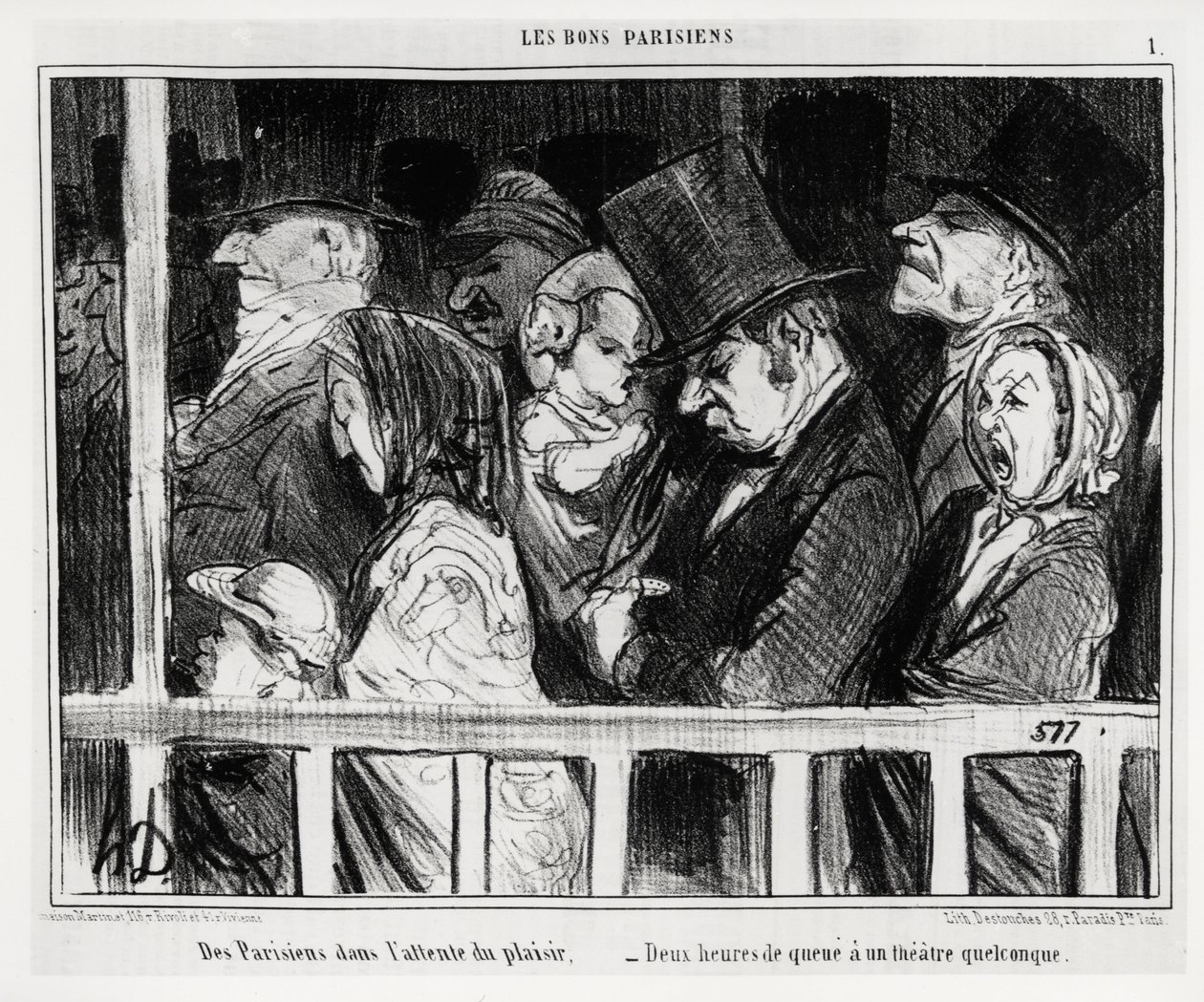 Gode parisere: Parisere venter på sjov, to timers hale har en form for teater. Illustration af Honore Daumier (1808-1879), udgivet i "" Charivari", dateret 5. marts af Honoré Daumier