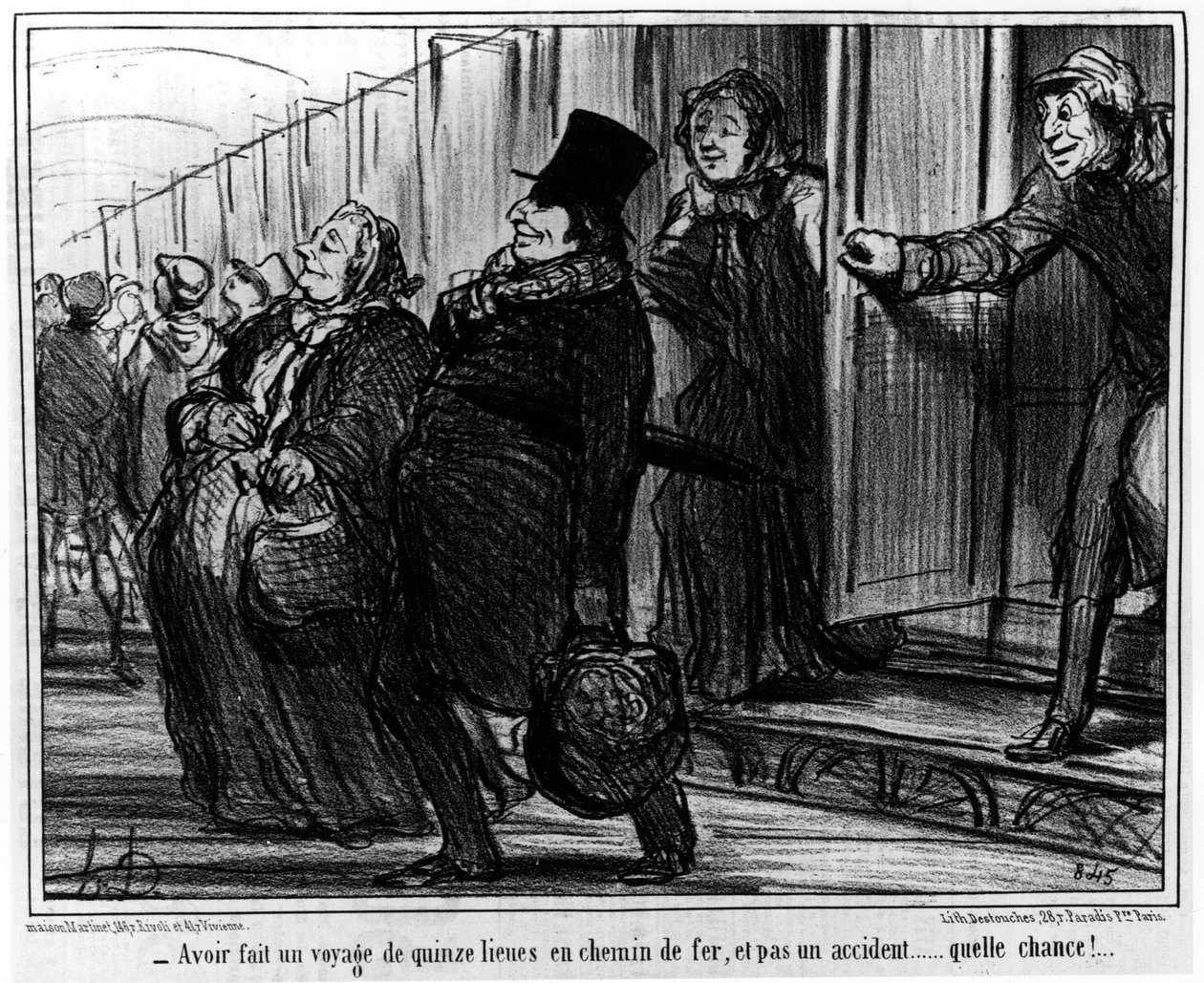 Efter at have lavet en 15-mile jernbane, og ikke en ulykke... sikke en chance!... : fra "Actualites", serie af tegnefilm om jernbanerne i Honore Daumier (1808-1879). “Charivari” af Honoré Daumier