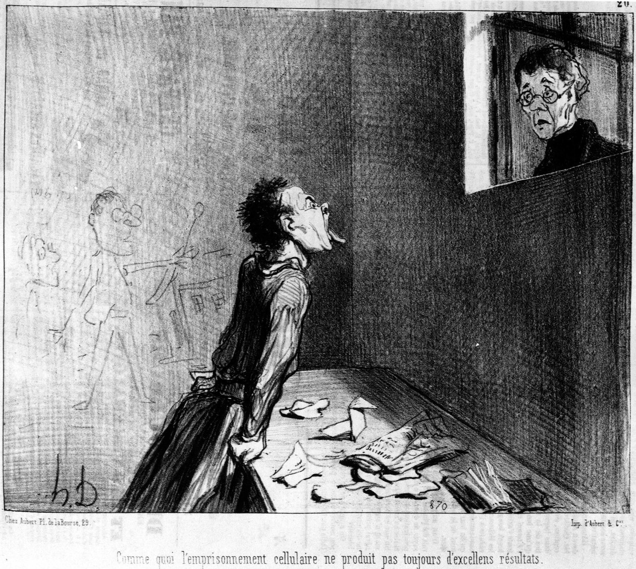 Hvordan isolationsfængsling ikke altid giver fremragende resultater, en serie af tegneserier om professor og æresmænd fra Daumier (1808-1879). “Charivari” af Honoré Daumier