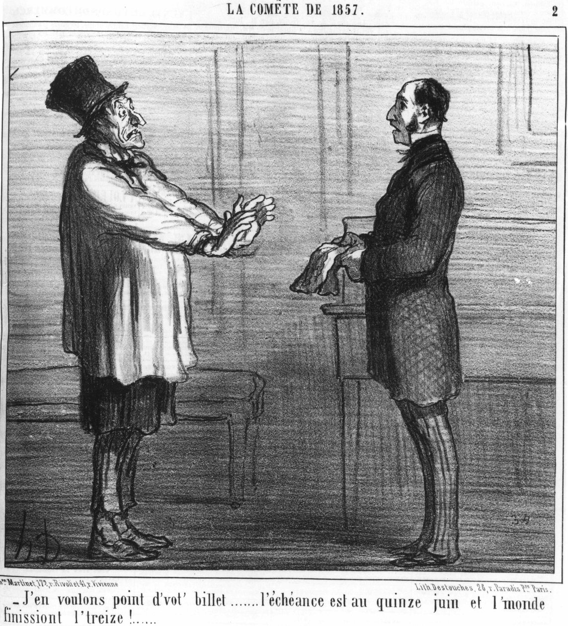 Jeg vil ikke have din billet... udbyttet er den 15. juni og verden ender de tretten!... : serie taget fra "" la comete de 19857"", af Honore Daumier (1808-1879). “Charivari” af Honoré Daumier