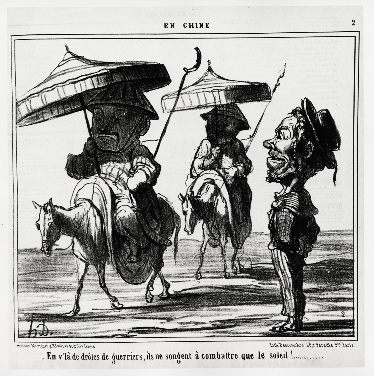 I disse sjove krigere tænker de kun på at kæmpe mod solen. I serie En Chine, illustration af Honore Daumier (1808-1879), udgivet i "" Charivari"", dateret 8. januar af Honoré Daumier