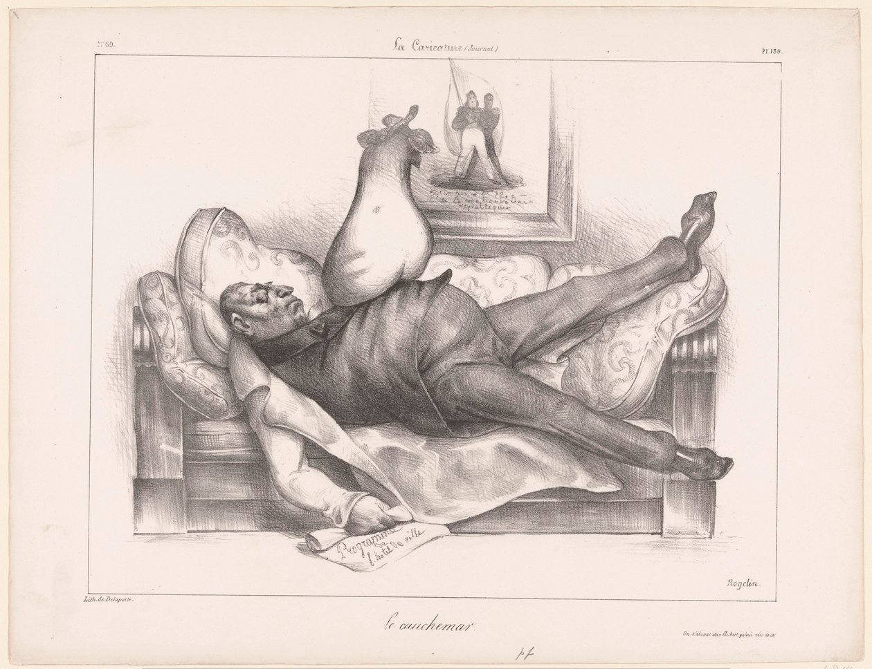 Karikatur af Gilbert du Motier, Marquis de la Fayette, under et mareridt Le cauchemar (titel på objekt) af Honoré Daumier