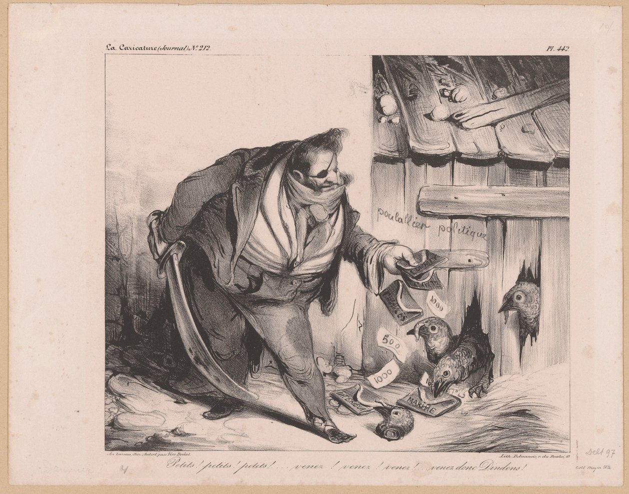 Karikatur af kong Louis Philip I af Frankrig som en bandit Petits! petits! petits! (...) Venez donc dindons! (titel på objekt) af Honoré Daumier