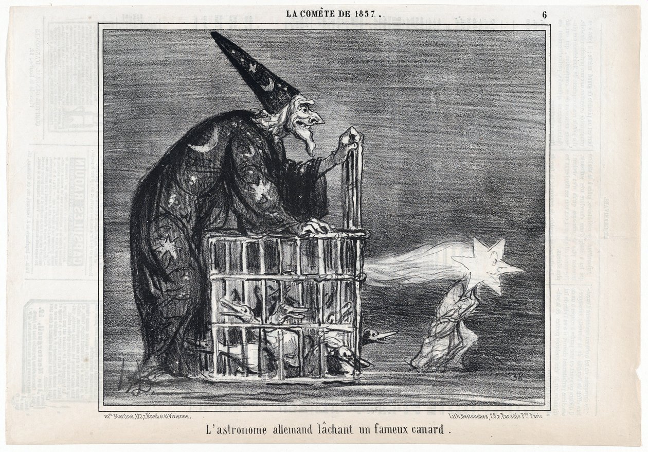 Kometen fra 1857, "Den tyske astronom slipper en berømt and", fra Le Charivari, pub. 1858 (gravering) af Honoré Daumier