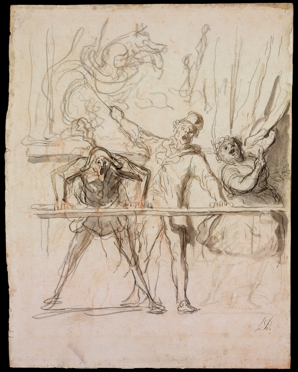 La Parade - The Side-Show - Daumier, Honore (1808-1879) - 1865 - Sort kridt, akvarel på papir - 39,8x30,4 - Szepmuveszeti Muzeum, Budapest af Honoré Daumier