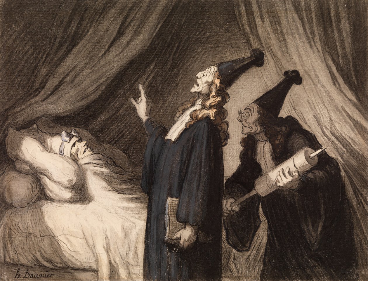 The Imaginary Invalid, ca. 1850 (sort kridt & wc på papir) af Honoré Daumier