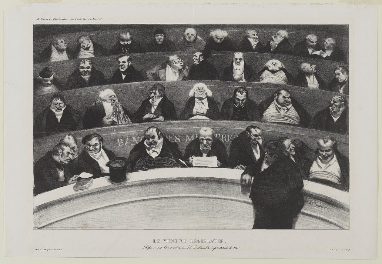 Le Ventre Législatif: Aspect des benches ministériels de la chambre improstitée de 1834, eller The Legislative Belly: Udsigt over ministerbænkene i Chamber of Prostitution of 1834 af Honoré Daumier