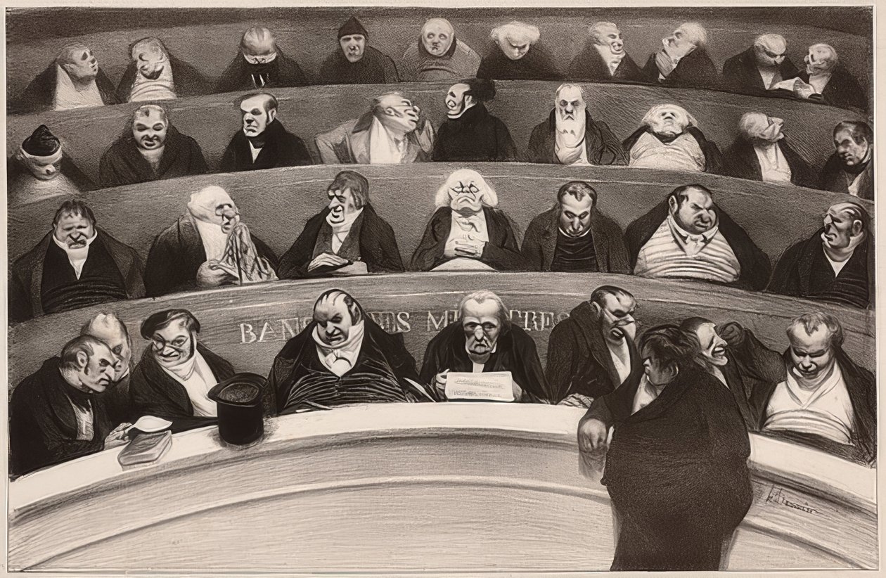 Le Ventre législatif. Aspects des bancs ministériels de la chambre improstituée de 1834 / Den lovgivende mave. Udsigt over skabsbænkene i det ikke-prostituerede kammer fra 1834. 1834 af Honoré Daumier