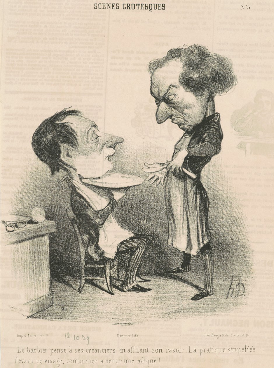 Barberen tænker på sine kreditorer... af Honoré Daumier