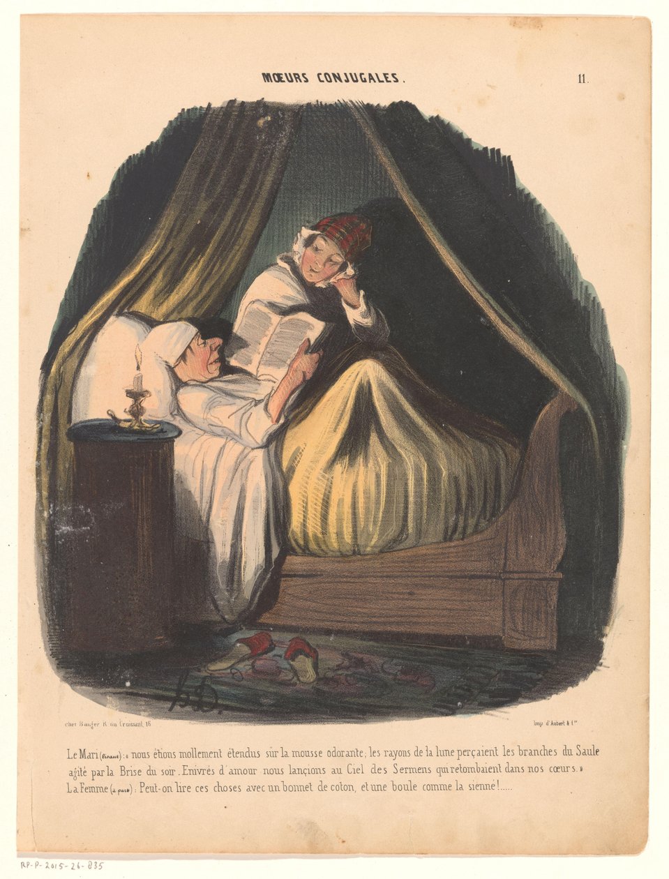 Mand læser i sengen med sin kone ved siden af Ægteskabsvaner (serietitel) Moeurs conjugales (serietitel på objekt) af Honoré Daumier
