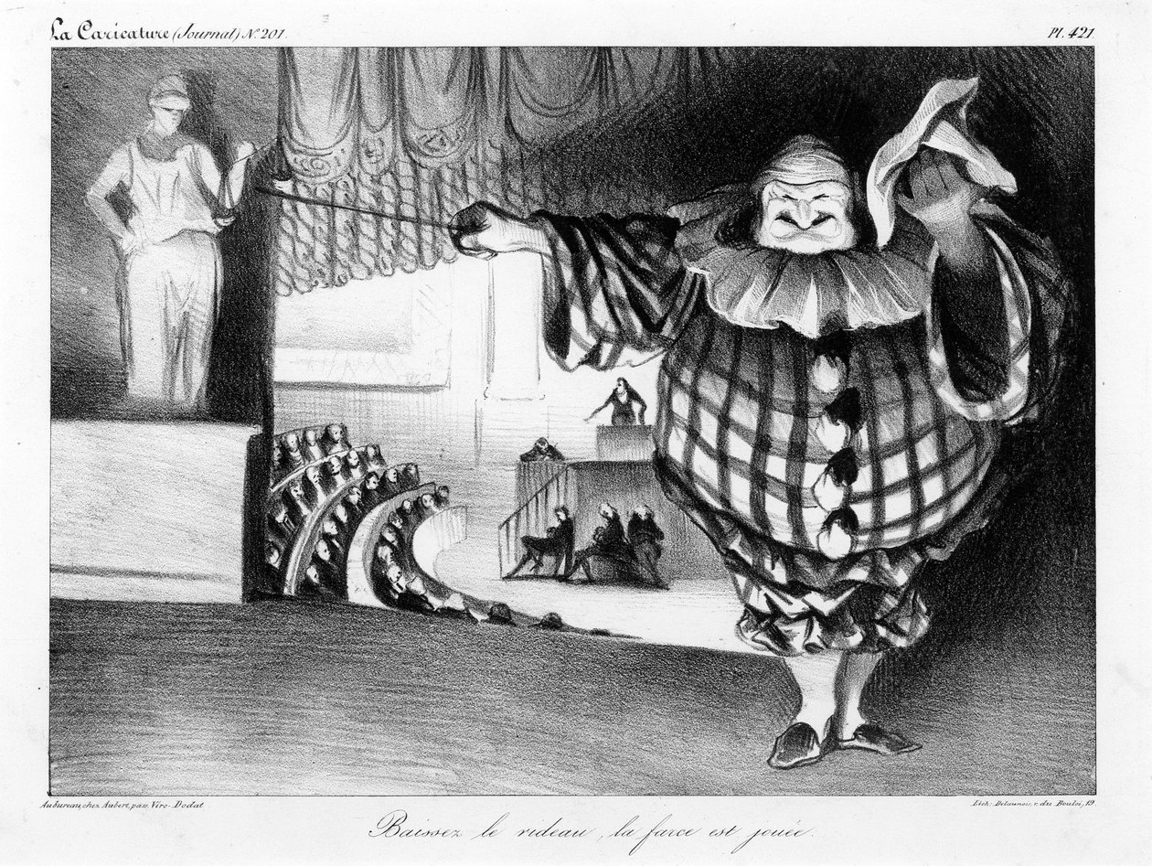 Sænk gardinet, farsen er slutplade 421 af Honoré Daumier