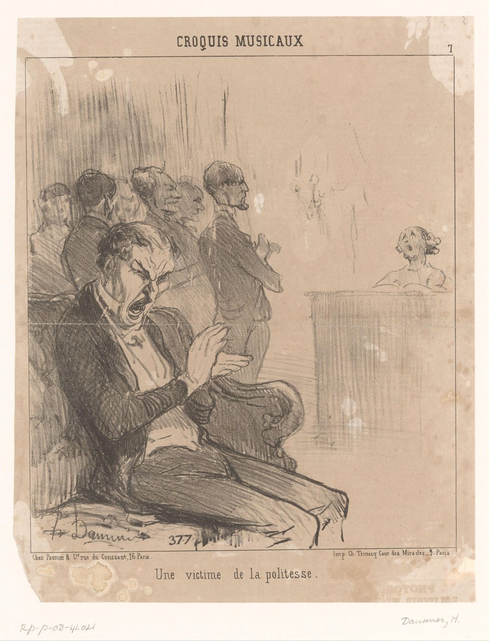 Man klapper, mens han gaber, for en sanger bag et klaver Une victime de la politesse (titel på objekt) Musikoptrædener (serietitel) Croquis musicaux (serietitel på objekt) af Honoré Daumier