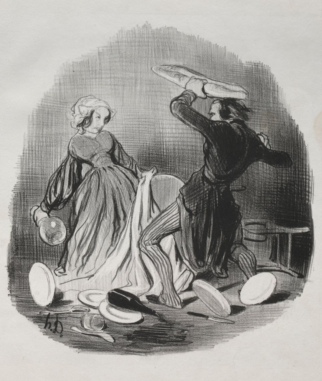 Ægteskabsskik: Ah! du tror, din kone ikke forsørger dig nok, skurk..., 1841. af Honoré Daumier