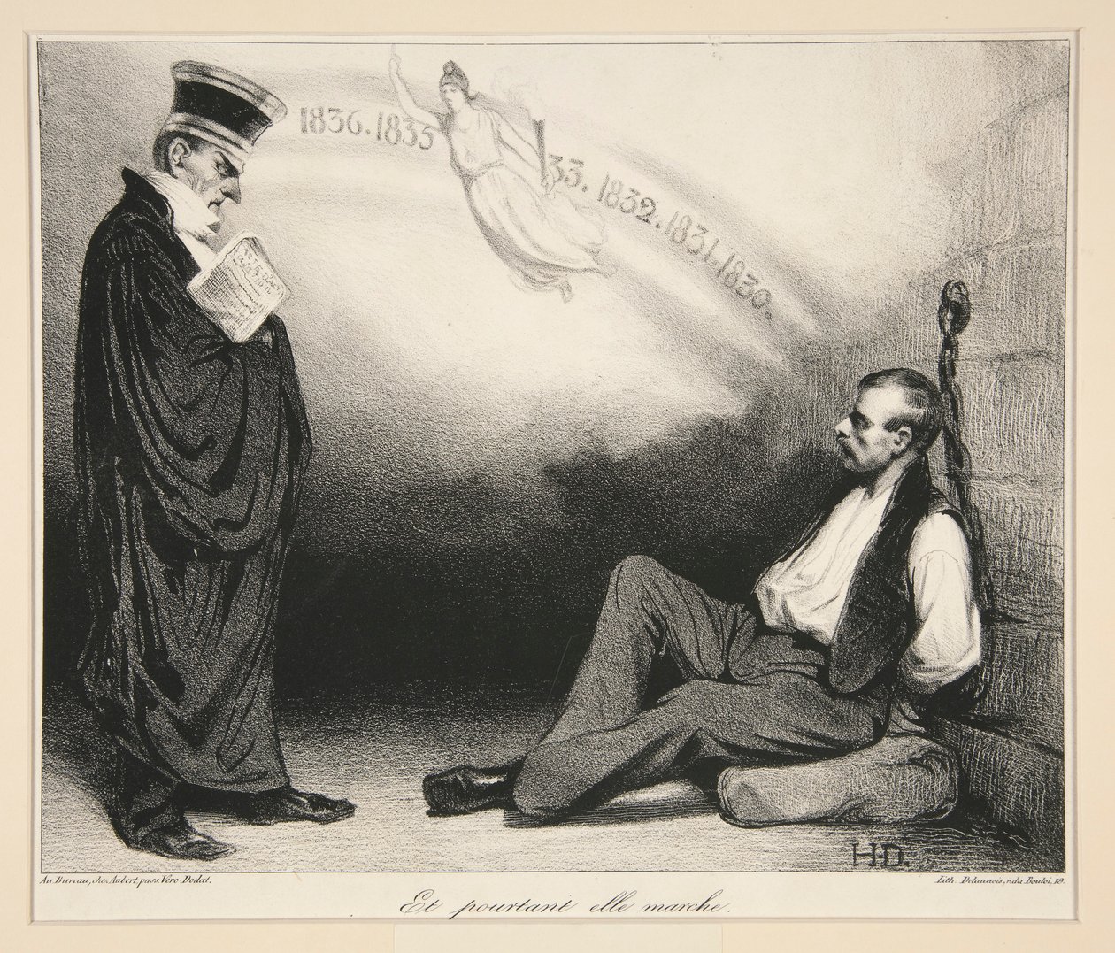 Moderne Galilæa. Og alligevel går hun. (A Modern Galileo. Og dog bevæger hun sig), pl. 436 fra tidsskriftet La Caricature nr. 209 af Honoré Daumier