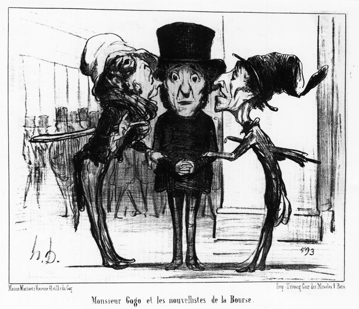 Monsieur Gogo og børsens nyhedslister: serie tegneserier tegnet fra "" News", på børsen og en gogo af Honore Daumier (1808-1879). “Charivari” af Honoré Daumier