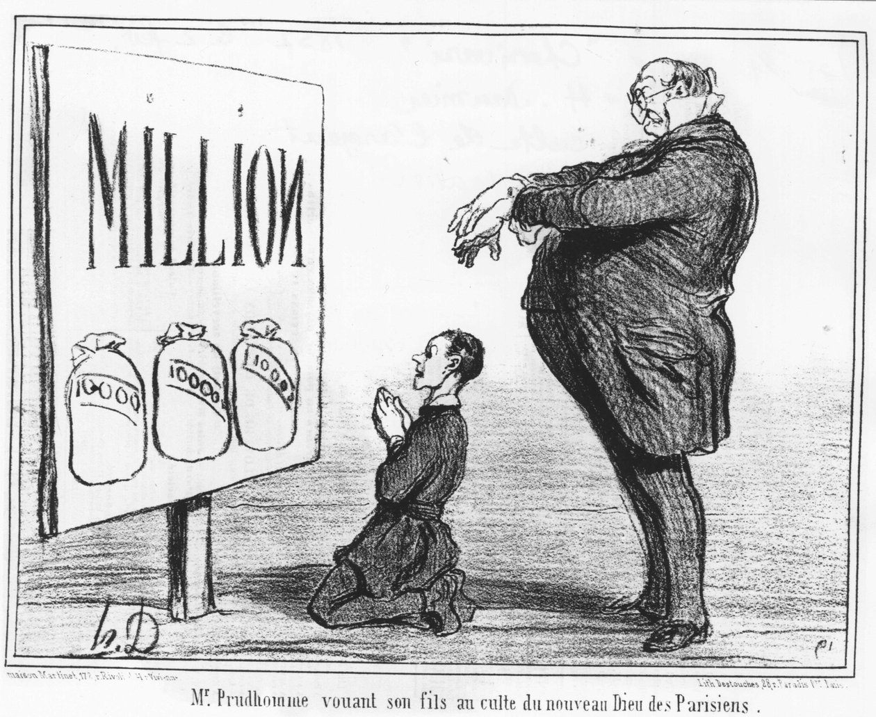 Monsieur Prudhomme dedikerer sin søn til kulten af den nye parisernes gud: taget fra "" News", en serie tegnefilm om sølvkulten af Honore Daumier (1808-1879). Charivari af Honoré Daumier