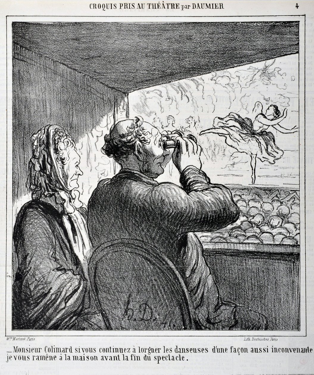 Mr. Colimard, hvis du fortsætter med at se på danserne på sådan en upassende måde, vil jeg tage dig med hjem inden showet slutter. Gravering af Honore Daumier (1808-1879) i "" Le Charivari". Arkstørrelse: 24,6x36cm. Palais Longchamp, Musee des Beaux Arts d af Honoré Daumier