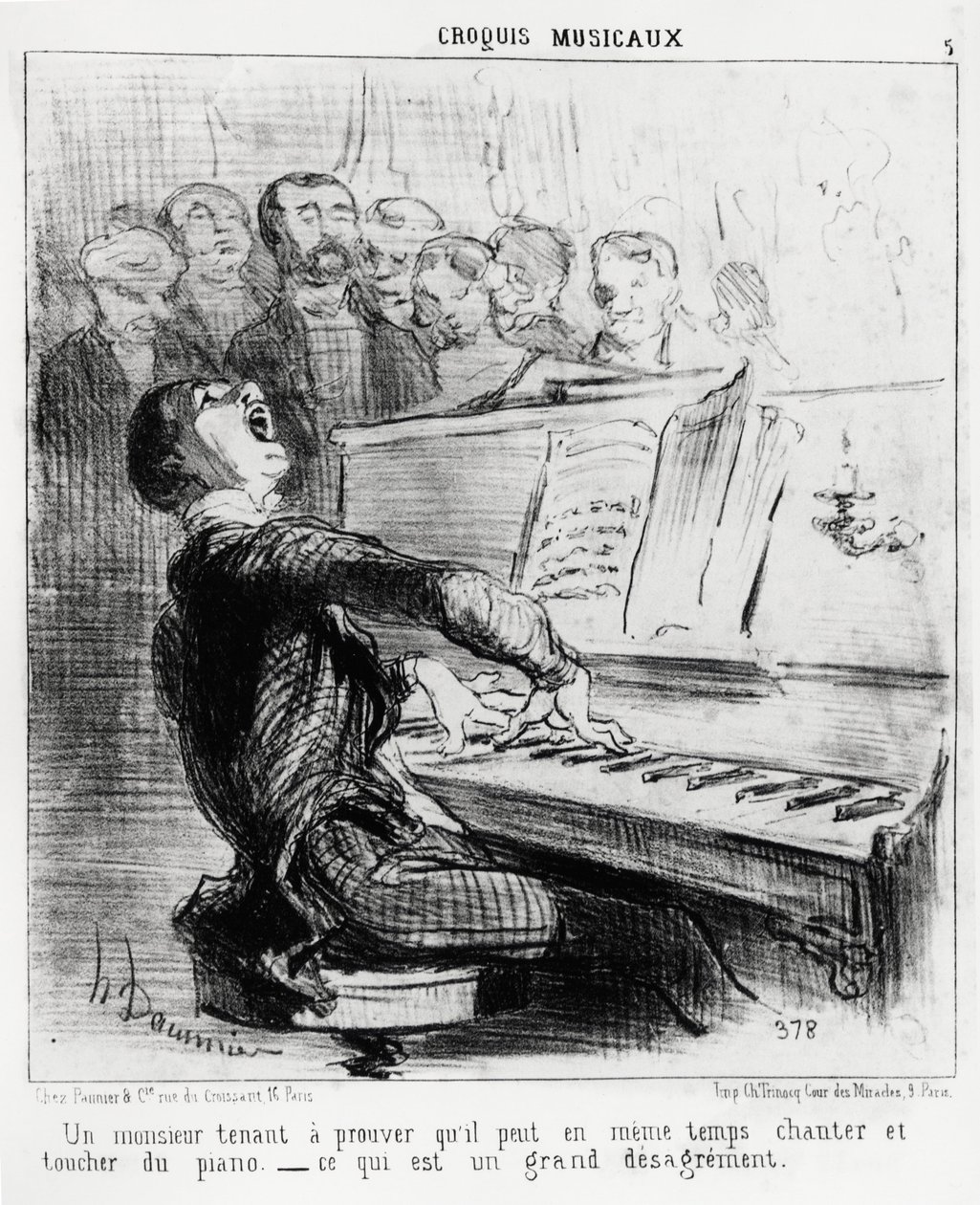 Musikalske sketcher: en herre, der gerne vil bevise, at han samtidig kan synge og røre ved klaveret, hvilket er meget skændt. Illustration af Honore Daumier (1808-1879), udgivet i "" Charivari"", dato 17. februar 1852. af Honoré Daumier