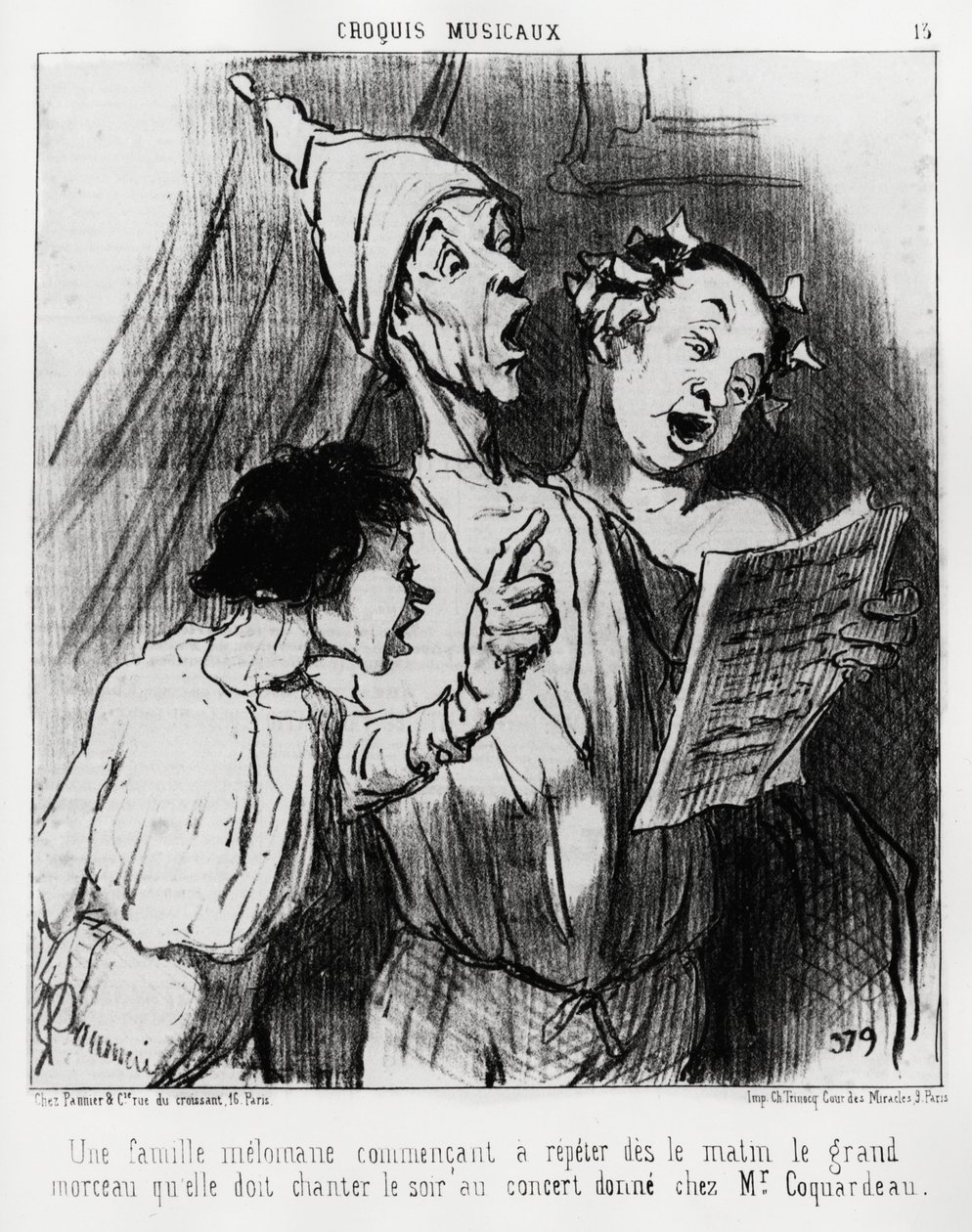 Musikalske sketches: en melomanisk familie, der om morgenen begynder at gentage den store sang, de skulle synge om aftenen ved koncerten, gav hr. Coquardeau. Illustration d