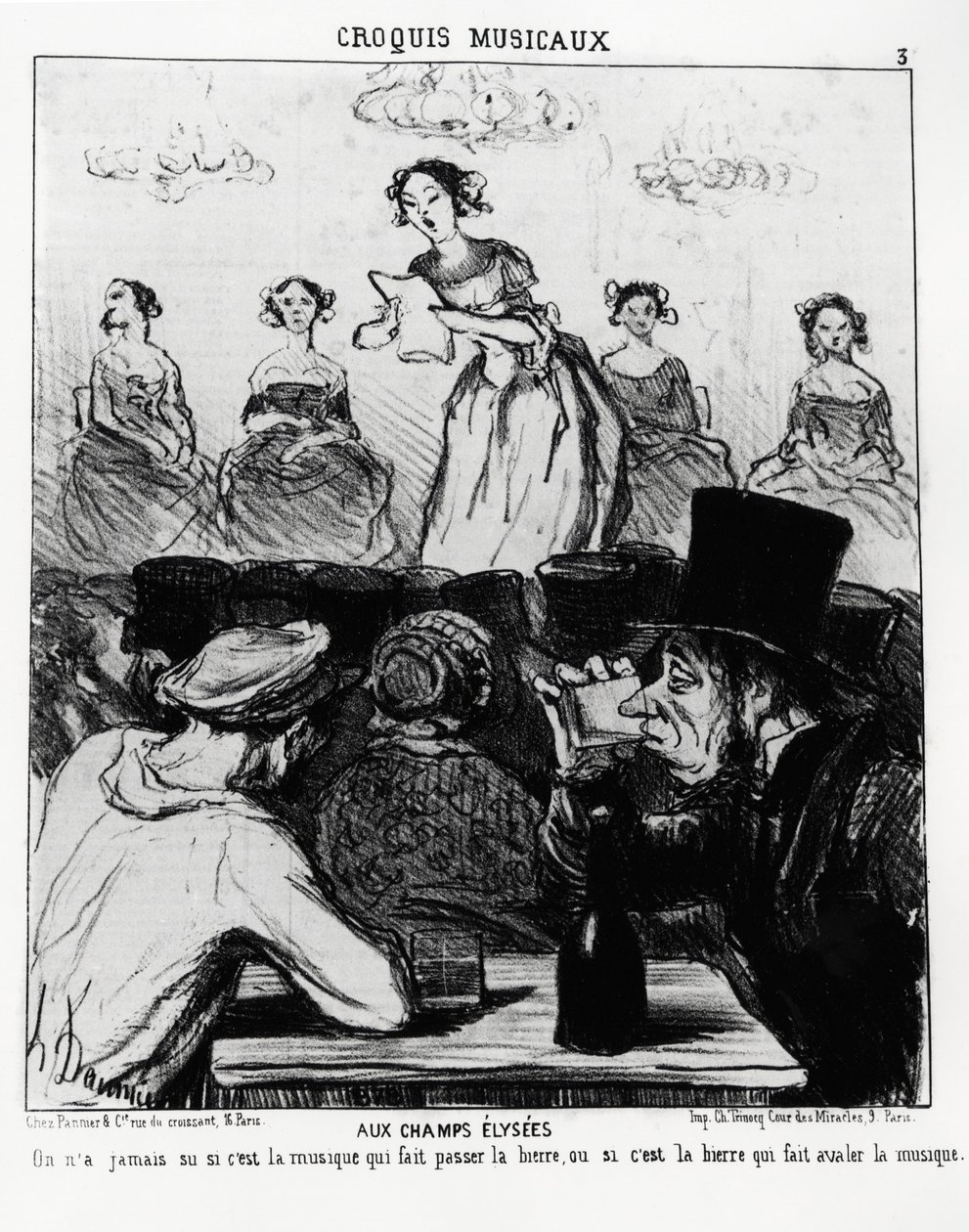 Musikalske sketches: på Champs Elysees vidste vi aldrig, om det er musik, der får øl til at passere, eller øl, der får musikken til at sluge. Illustration d