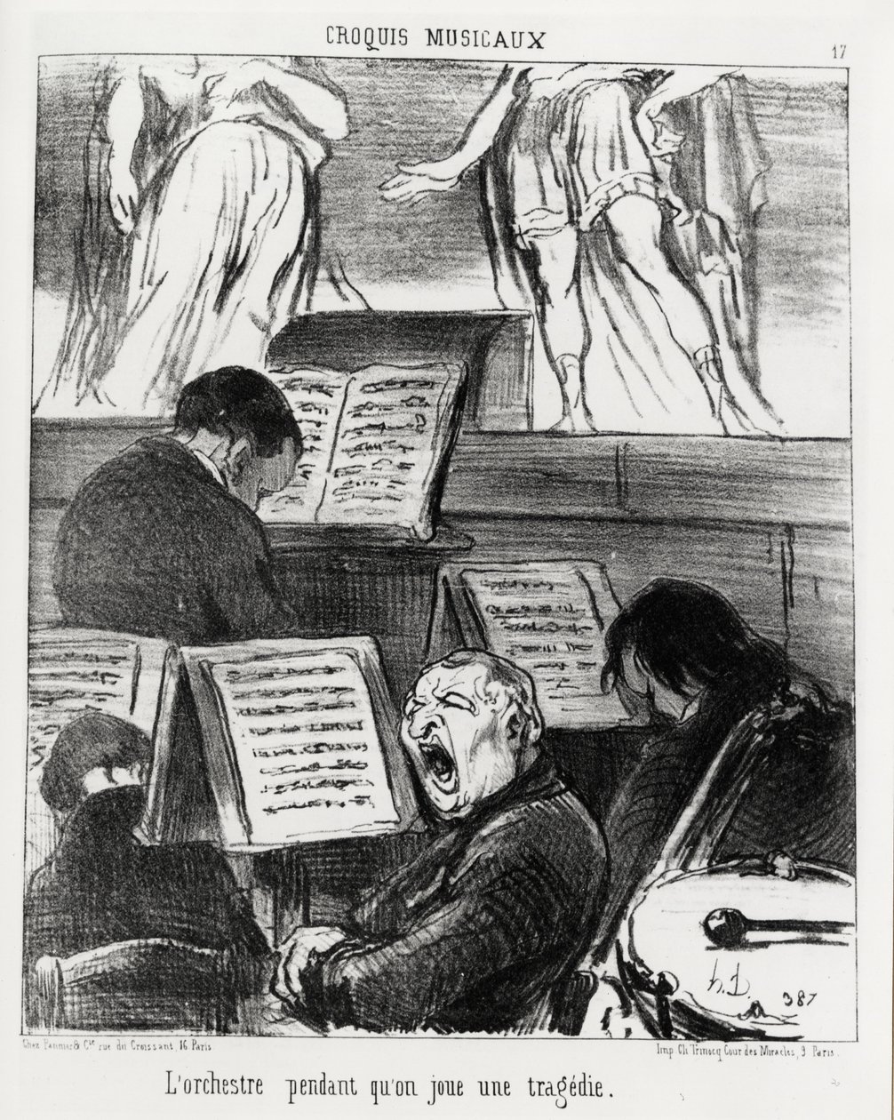 Musikalske sketcher: orkestret mens du spiller en tragedie. Illustration d