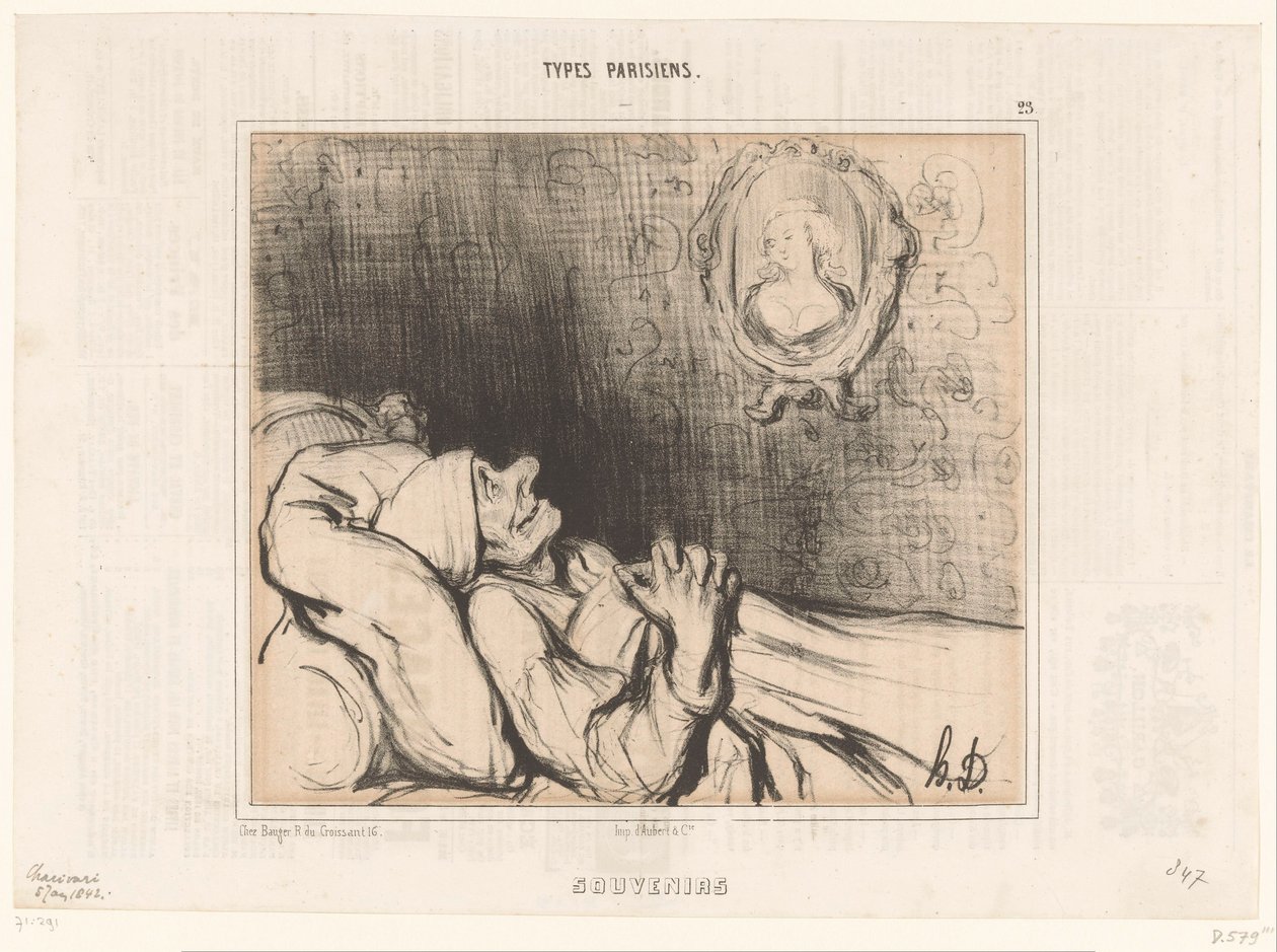 Gammel mand i sengen stirrer på portræt af ung kvinde Souvenirs (titel på objekt) Parisiske typer (serietitel) Typer Parisiens (serietitel på objekt) af Honoré Daumier