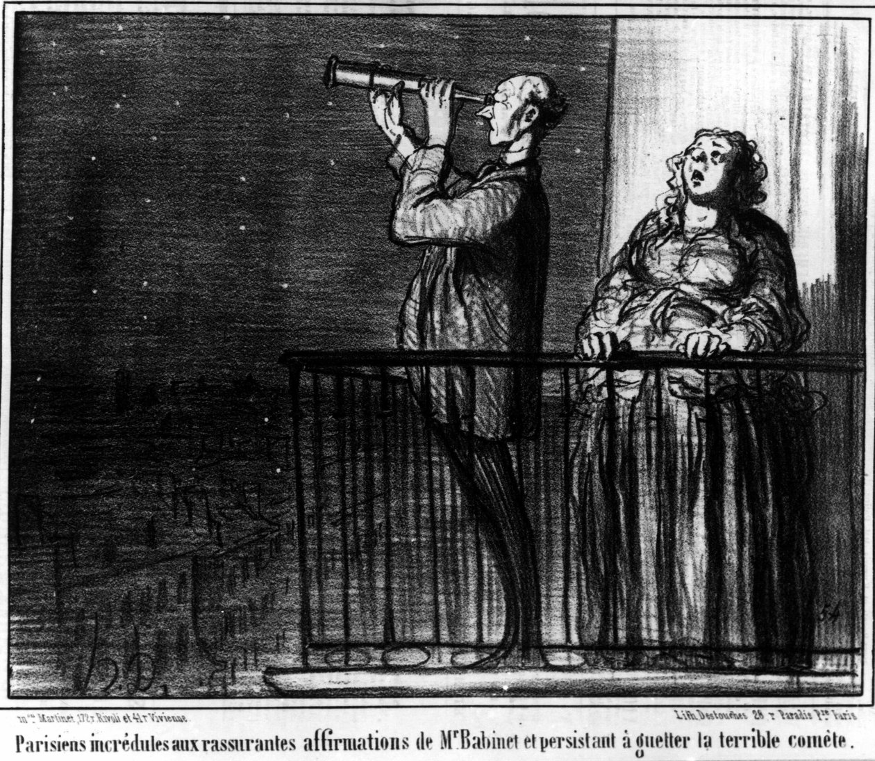 Parisere, der er vantro til Monsieur Babients beroligende påstande og vedholdende at se efter den frygtelige komet, karikatur af Honore Daumier (1808-1879). "Charivari". af Honoré Daumier