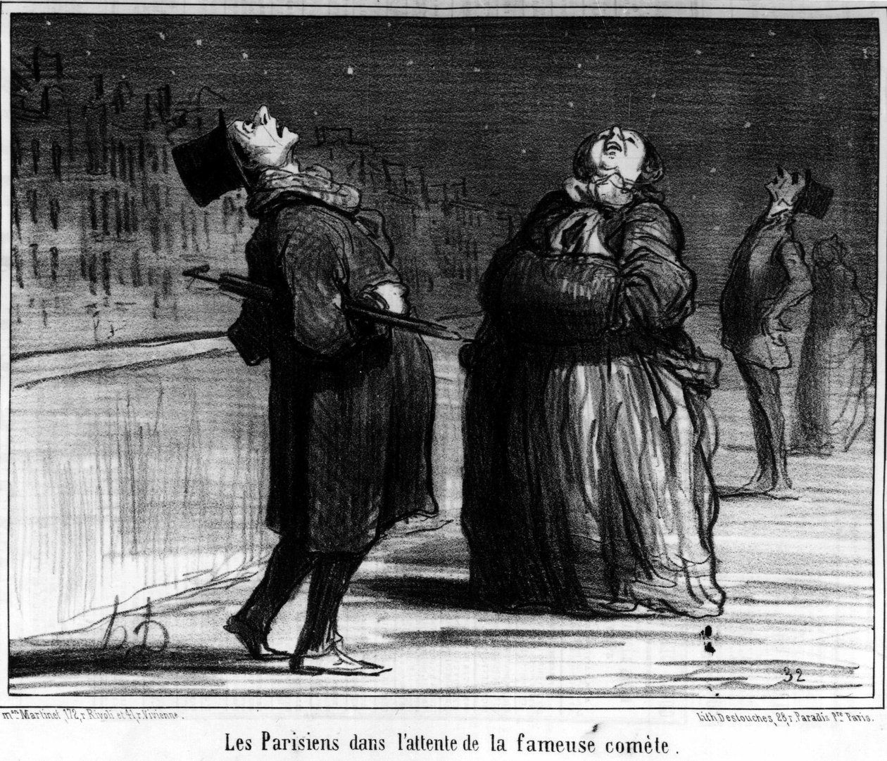 Parisere venter på den berømte komet, karikatur af Honore Daumier (1808-1879). “Charivari” af Honoré Daumier