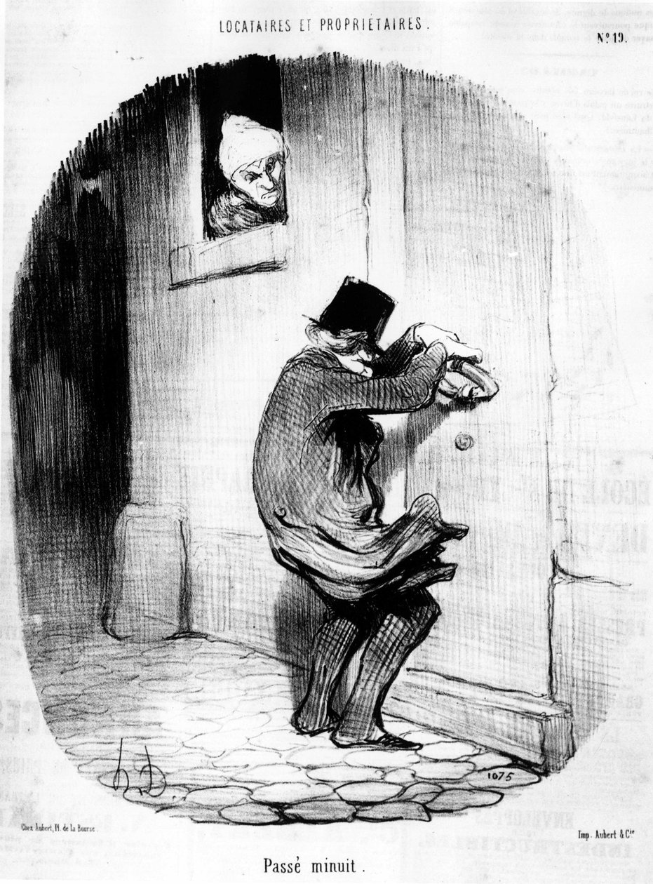Bestået midnat. mand, der vender for sent tilbage til lejeren, fra "" Tenants et Owners"", tegneserieserie af Honore Daumier (1808-1879). “Charivari” af Honoré Daumier