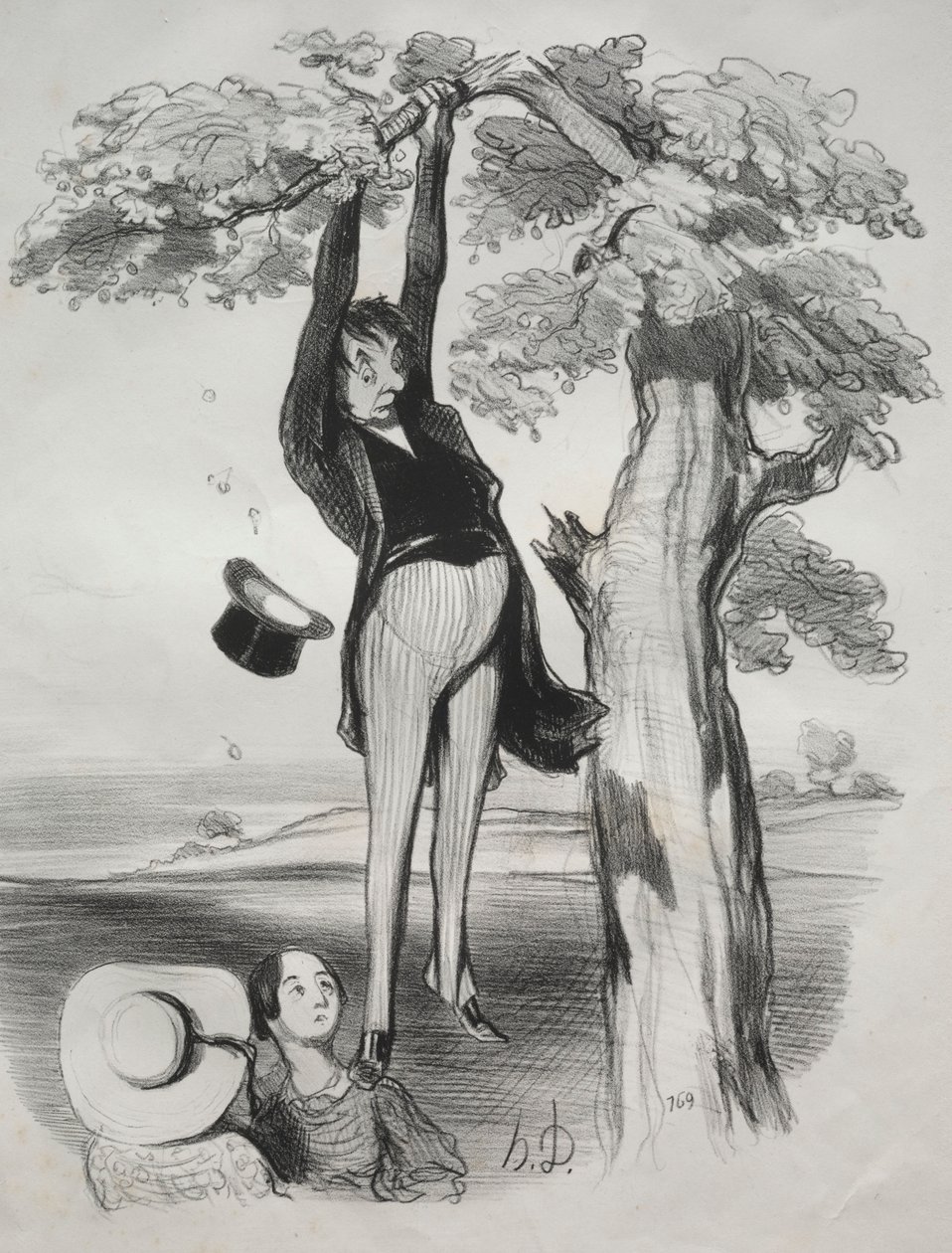 Pastorales, plade 2: Farerne ved at ryste et blommetræ for kraftigt..., 1845. af Honoré Daumier