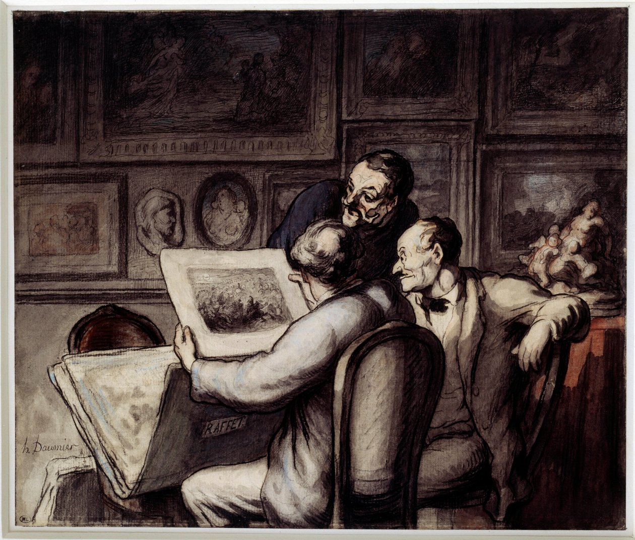 Print elskere. Akvarel, gouache og sort blyant, pen og blæk af kina af Honore Daumier (1808-1879). Sol. 0,26 x 0,31 Musee d