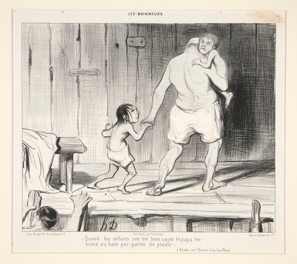 Når børnene har været velopdragne, tager faren dem med i badet for sjov, fra Les Baigneurs af Honoré Daumier