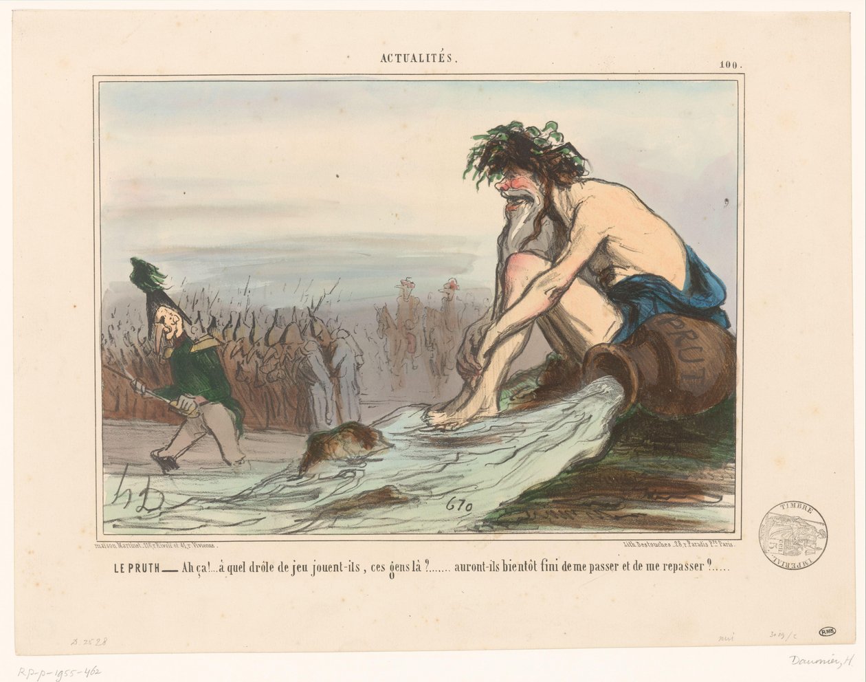 Flodguden ser på russiske soldater Le Pruth (titel på objekt) Aktuelt (serietitel) Aktualiteter (serietitel på objekt) af Honoré Daumier