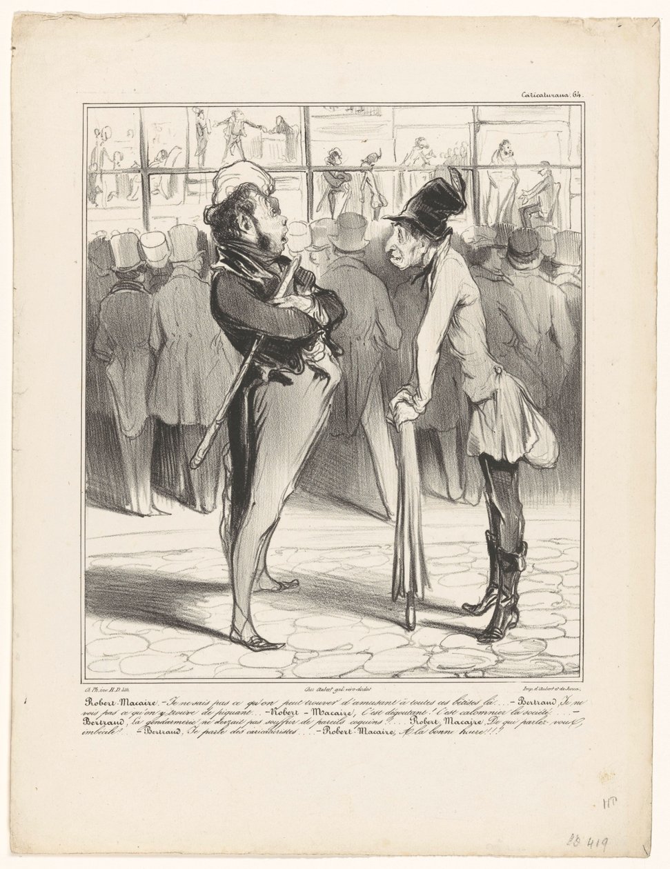 Robert-Macaire i samtale med Bertrand for vinduet i en trykkeri Caricaturana (serietitel på objekt) af Honoré Daumier