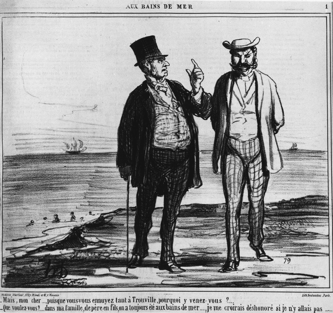 Bade ved havet: Parisere på en Trouville strand af vægten af traditioner og familievaner - af Honore Daumier, i "" Charivari"" fra 25/08/1859 af Honoré Daumier