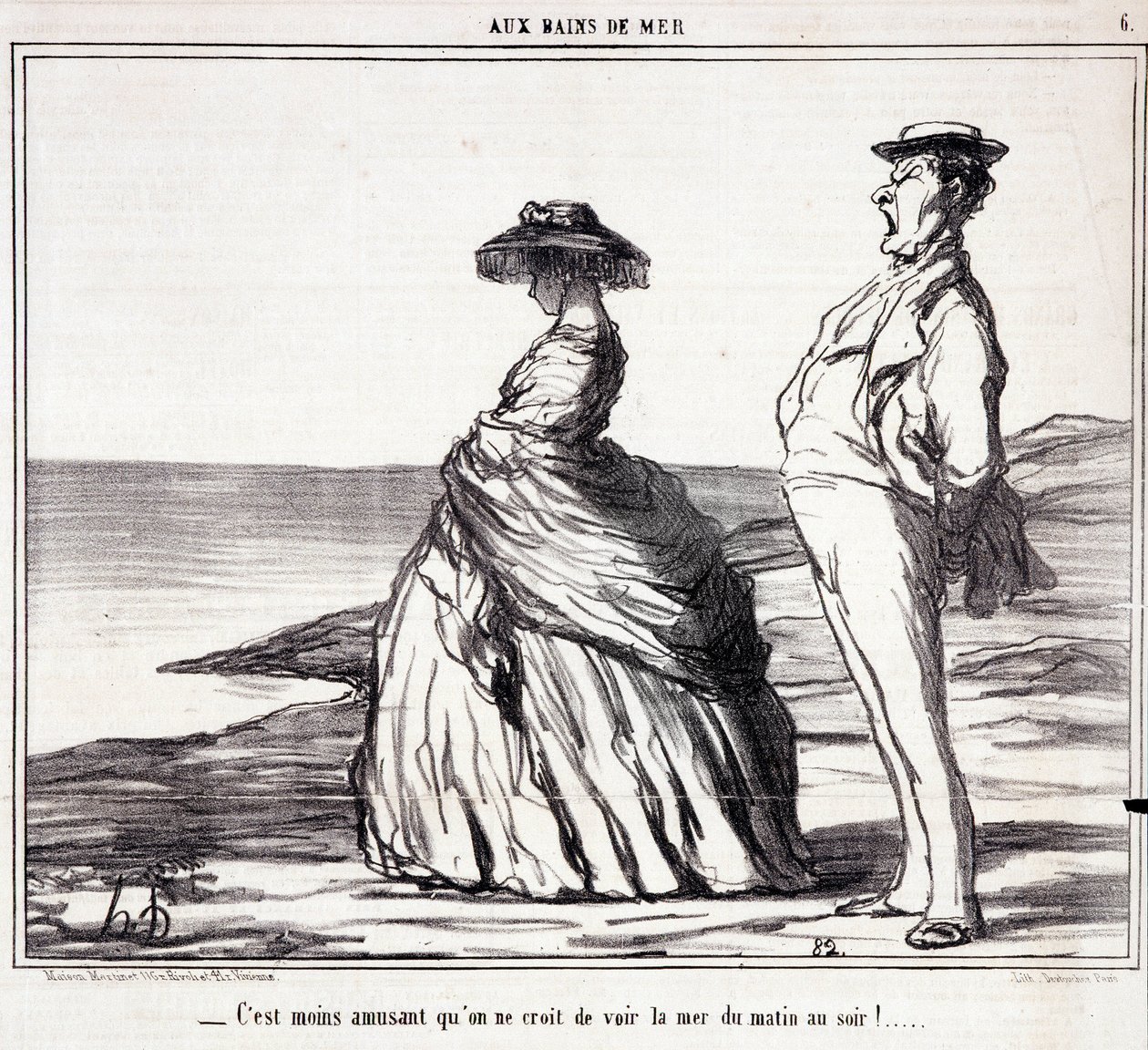 Serie “” Les Bains de Mer””: “” Det er mindre sjovt, end du tror, at se havet fra morgen til aften! "" Tegnefilm om turister på ferie. Gravering af Honore DAUMIER (1808-1879). Uddrag fra avisen "" Le Charivari"" 9. september af Honoré Daumier