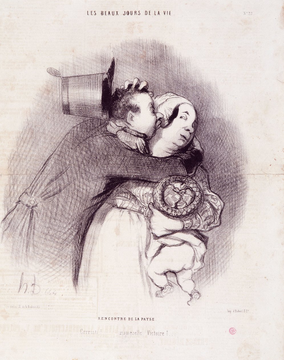 Serien "" Livets smukke dage"": Landets møde..."". Gravering af Honore DAUMIER (1808-1879). Uddrag fra avisen "" Le Charivari"" den 8. september af Honoré Daumier