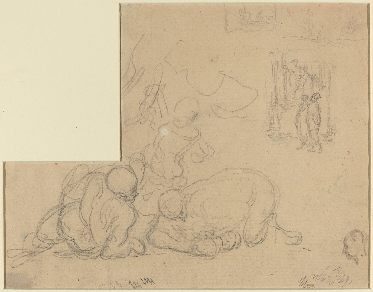 Studieark med to store mænd på jorden af Honoré Daumier