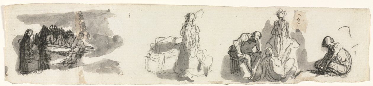 Studieark med en gruppe af fire figurer til højre, tredje kvartal 1800-tallet. af Honoré Daumier