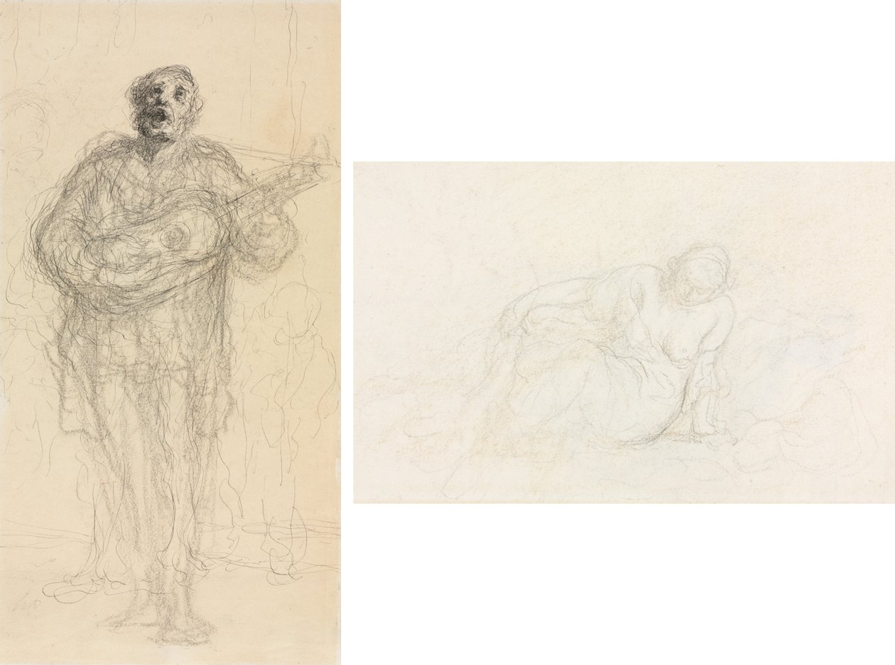 Syngende guitarist (rekto); Tilbagelænet kvinde læner sig op ad sin arm (verso) af Honoré Daumier
