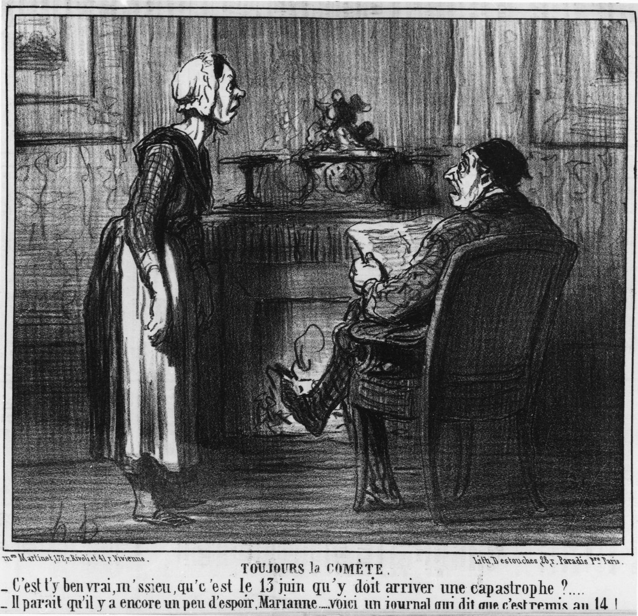Stadig Comete. "Er det sandt, sir, hvilken katastrofe der skal ske den 13. juni???? Jeg hører, at der stadig er lidt håb, Marianne... her er en avis, der siger, at den er overdraget til 14! , tegning af Honore Daumier (1808-1879). "Charivari" af Honoré Daumier