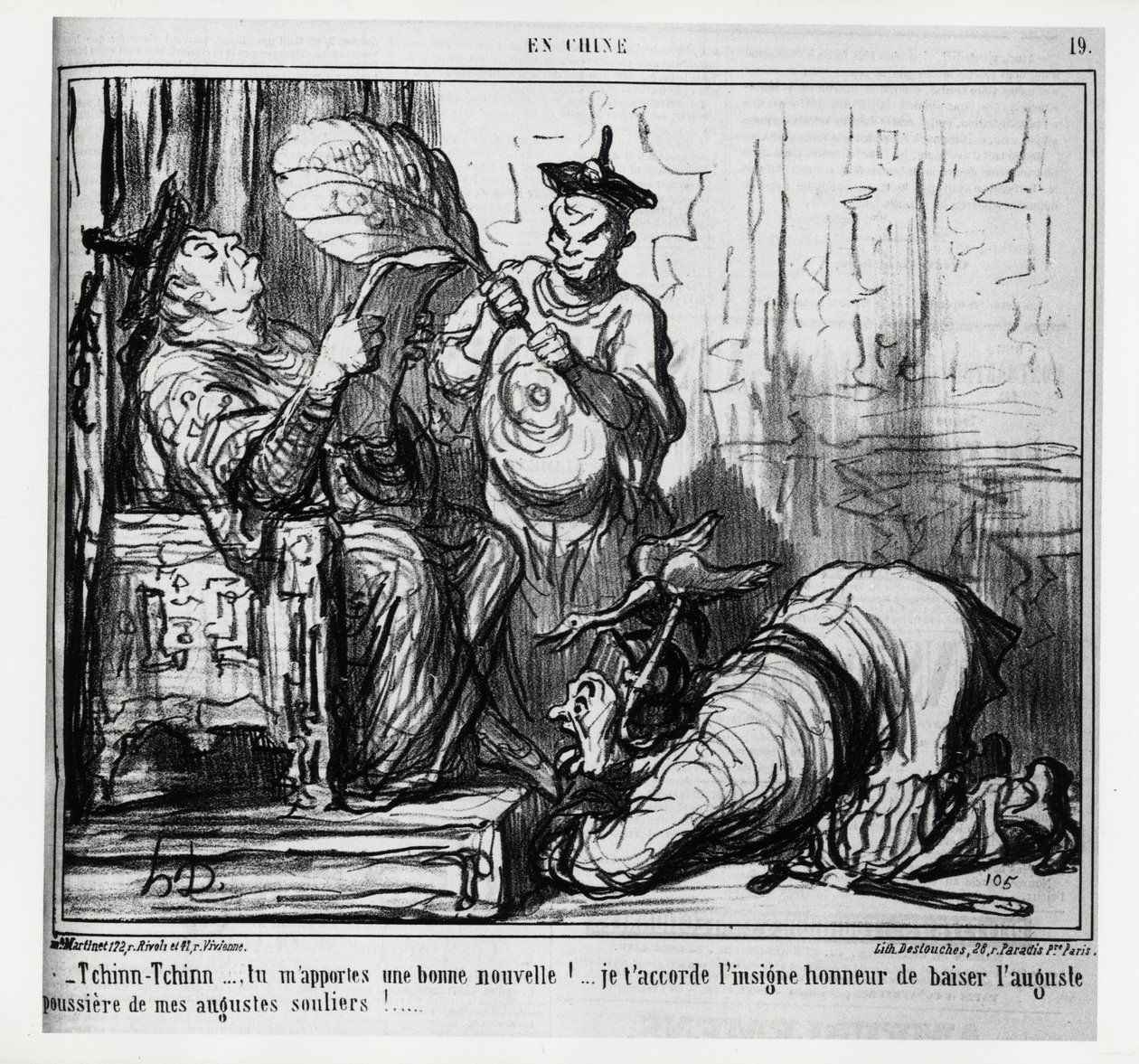 Tchinn Tchinn... Du bringer mig gode nyheder! Jeg giver dig den store ære at kysse det høje støv fra mine høje sko. I serie En Chine, illustration af Honore Daumier (1808-1879), udgivet i "" Charivari"", dateret 7. december af Honoré Daumier