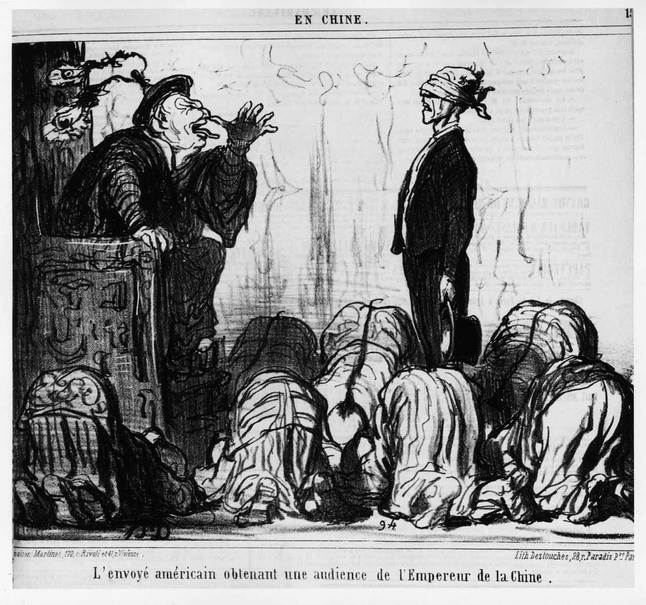 Den amerikanske udsending får audiens fra kejseren af Kina. I serie En Chine, illustration af Honore Daumier (1808-1879), udgivet i "" Charivari"", dateret 21. oktober af Honoré Daumier