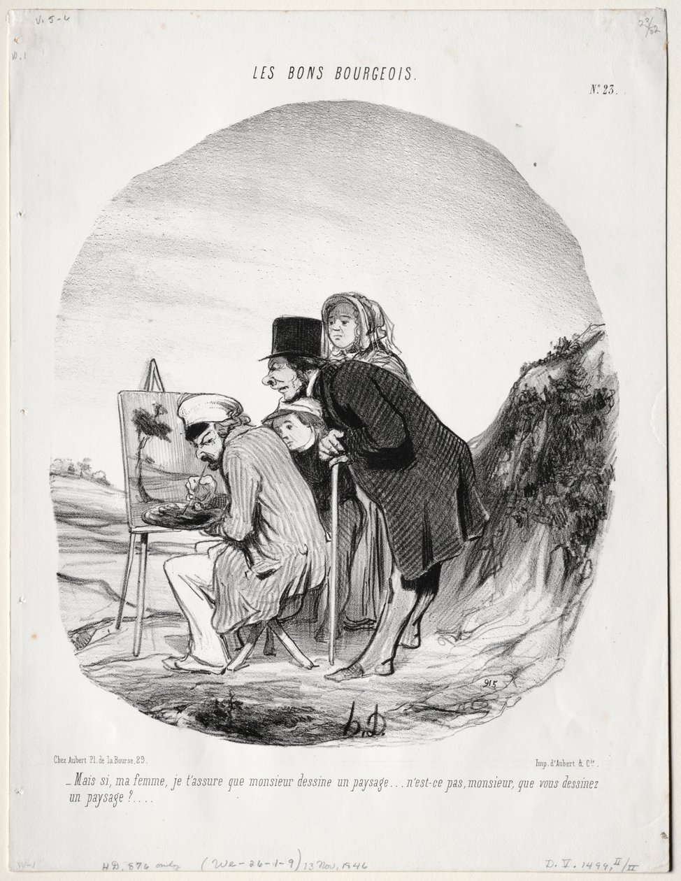 The Good Bourgeois, tavle 23: "Men ja, min kære, jeg forsikrer dig om, at denne herre tegner et landskab... er det ikke sådan, sir, at du tegner et landskab?" (Les bons bourgeios, planche 23: Mais si, ma femme...monsieur dessine un paysage..) af Honoré Daumier