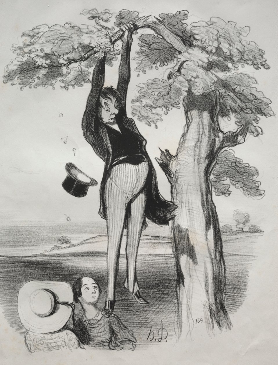 Farerne ved at ryste et blommetræ for kraftigt (når man er en voksen mand) af Honoré Daumier