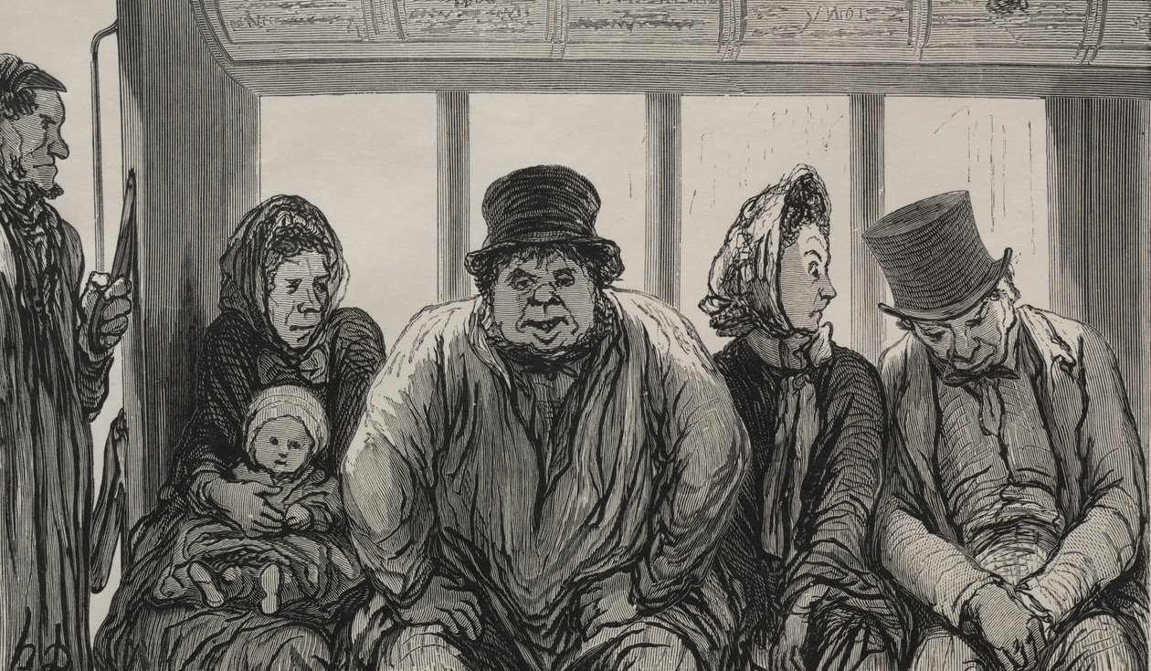 Omnibussen: Interiør af Omnibussen. af Honoré Daumier