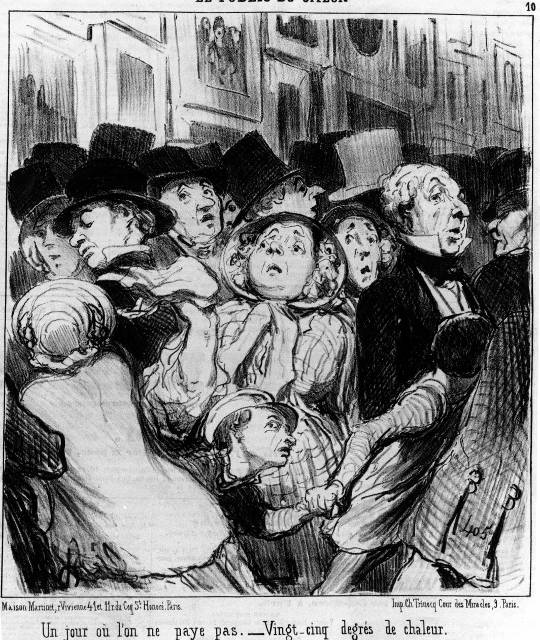 Showets publikum. En dag betaler du ikke. Femogtyve graders varme, taget fra "" Paintings and Salons", tegneserieserie af Honore Daumier (1808-1879). “Charivari” af Honoré Daumier