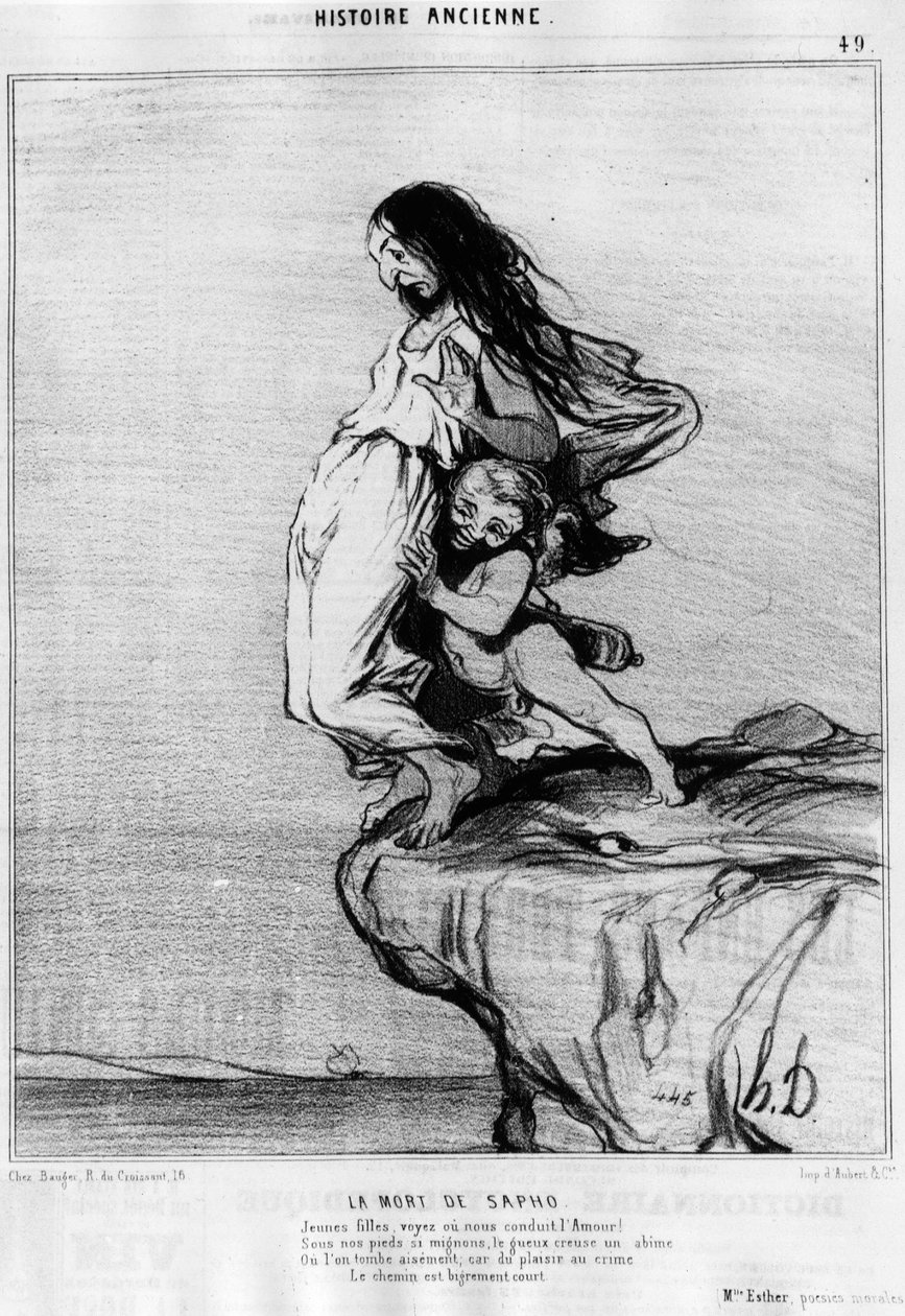 Saphos (Sappho) død. "" Unge dame, se eller led os Kærlighed! Under vores fødder så søde, gueux graver en abime, eller vi falder let; for fra fornøjelse til forbrydelse er vejen meget kort.” Serie de l